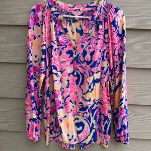 Lilly Pulitzer Elsa Silk Top pink & blue Long Sleeve Blouse Size L (A40